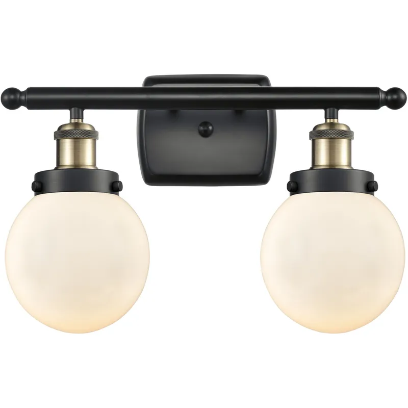Ballston Beacon 2 Light 16 inch Black Antique Brass Bath Vanity Light Wall Light in Matte White Glass