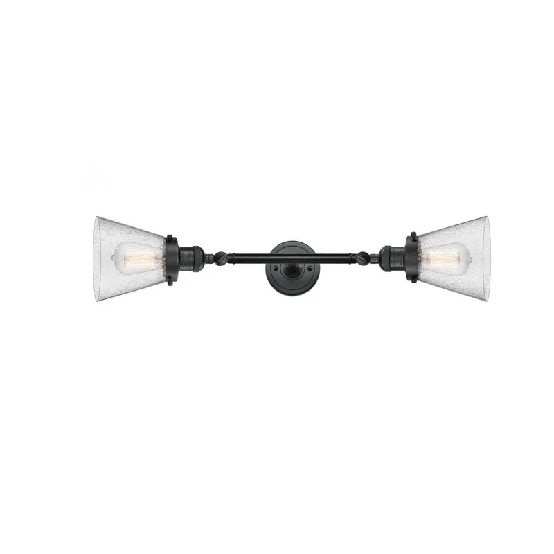 Franklin Restoration Small Cone 2 Light 6 inch Matte Black Bath Vanity Light Wall Light in Seedy Glass, Franklin Restoration