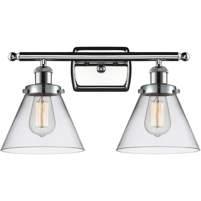 Ballston Large Cone 2 Light 16 inch Polished Chrome Bath Vanity Light Wall Light in Clear Glass, Ballston