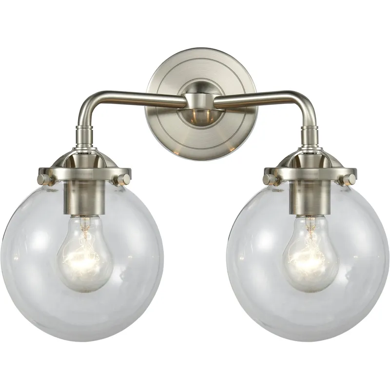 Nouveau Beacon 2 Light 14 inch Brushed Satin Nickel Bath Vanity Light Wall Light in Clear Glass, Nouveau