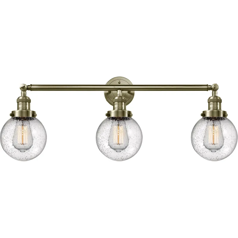 Franklin Restoration Beacon LED 30 inch Antique Brass Bath Vanity Light Wall Light in Seedy Glass, Franklin Restoration