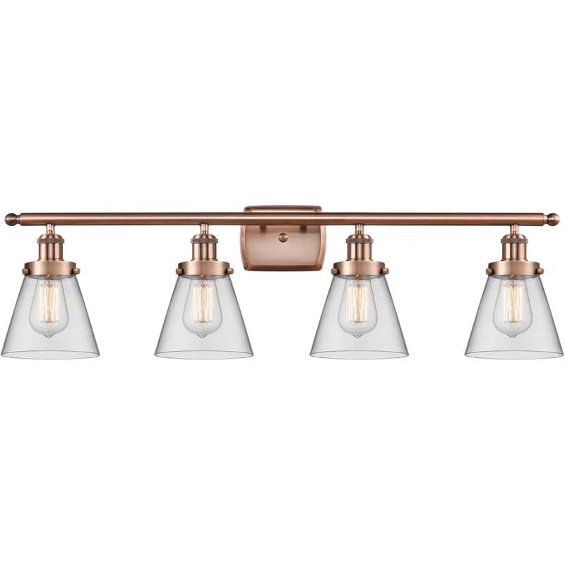 Ballston Small Cone 4 Light 36 inch Antique Copper Bath Vanity Light Wall Light in Clear Glass
