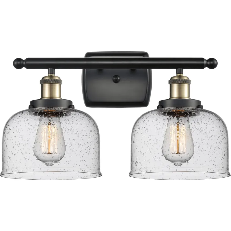 Ballston Large Bell 2 Light 16 inch Black Antique Brass Bath Vanity Light Wall Light in Seedy Glass