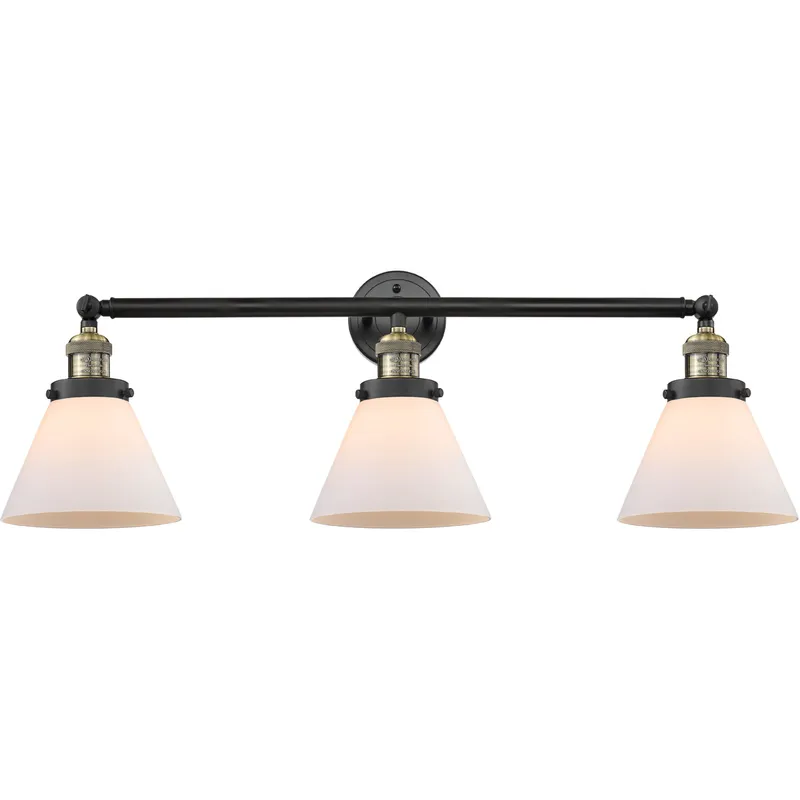 Franklin Restoration Large Cone 3 Light 32 inch Black Antique Brass Bath Vanity Light Wall Light in Matte White Glass, Franklin Restoration