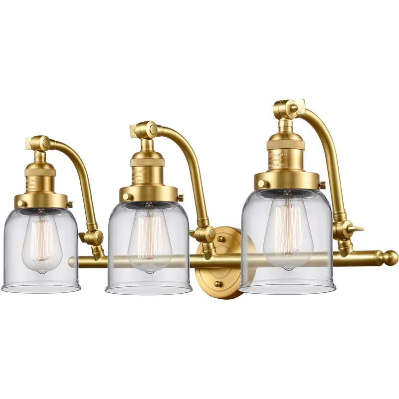 Franklin Restoration Small Bell 3 Light 28 inch Satin Gold Bath Vanity Light Wall Light in Clear Glass, Franklin Restoration