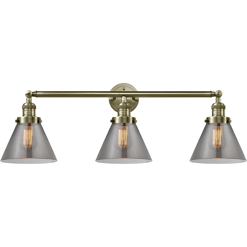 Franklin Restoration Large Cone 3 Light 32 inch Antique Brass Bath Vanity Light Wall Light in Light Smoke Glass, Franklin Restoration
