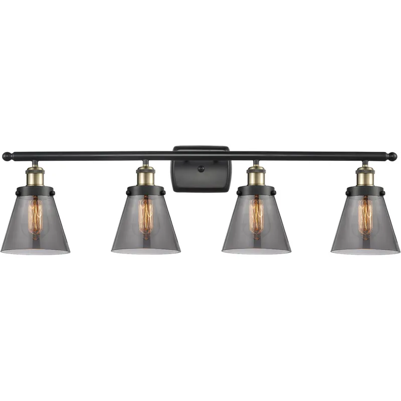 Ballston Small Cone 4 Light 36 inch Black Antique Brass Bath Vanity Light Wall Light in Light Smoke Glass