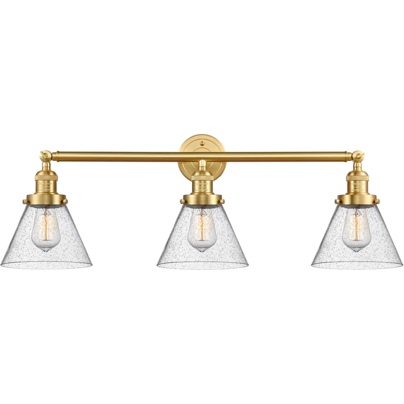 Franklin Restoration Large Cone 3 Light 32 inch Satin Gold Bath Vanity Light Wall Light in Seedy Glass, Franklin Restoration