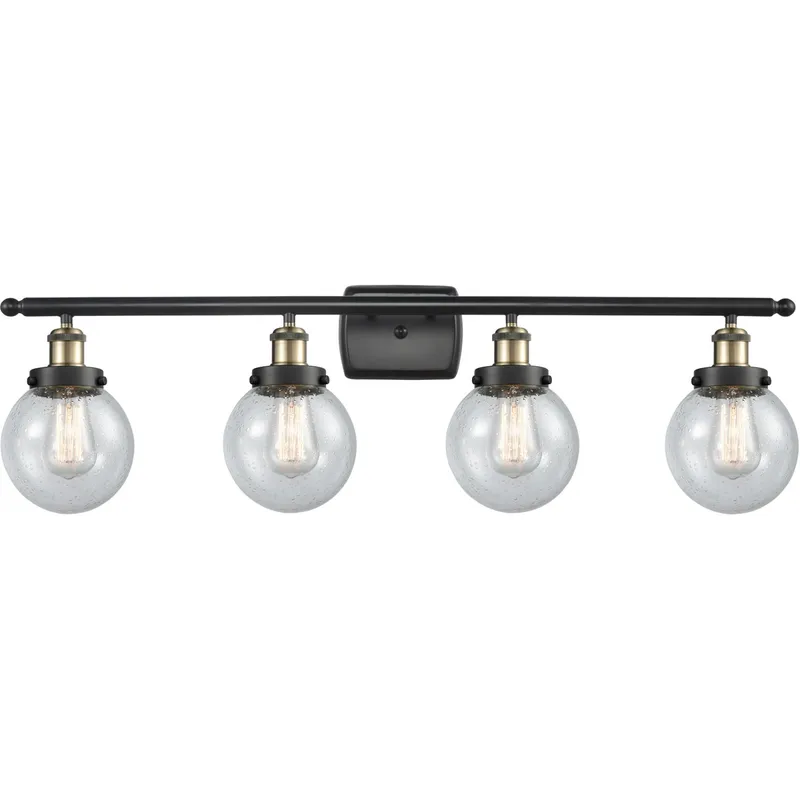 Ballston Beacon 4 Light 36 inch Black Antique Brass Bath Vanity Light Wall Light in Seedy Glass