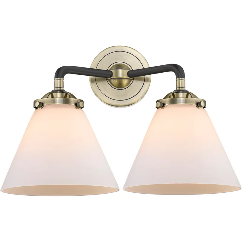 Nouveau Large Cone 2 Light 16 inch Black Antique Brass Bath Vanity Light Wall Light in Matte White Glass, Nouveau