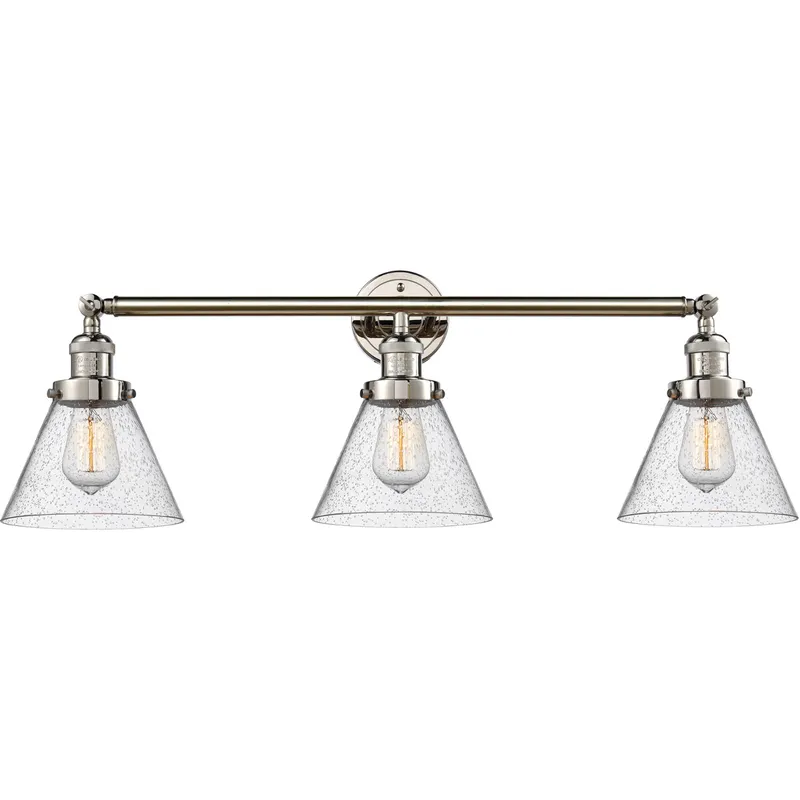 Franklin Restoration Large Cone 3 Light 32 inch Polished Nickel Bath Vanity Light Wall Light in Seedy Glass, Franklin Restoration