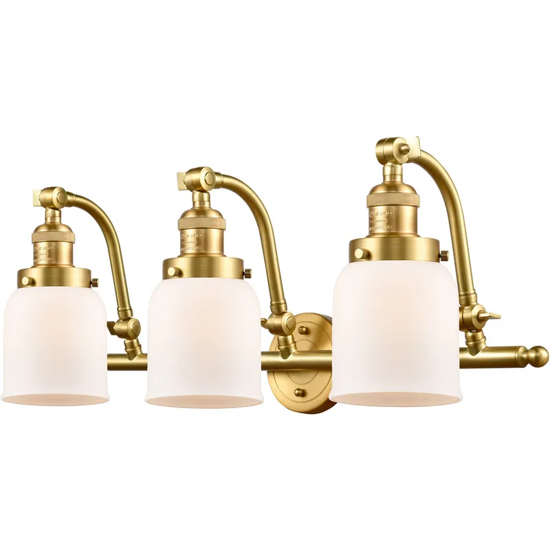 Franklin Restoration Small Bell 3 Light 28 inch Satin Gold Bath Vanity Light Wall Light in Matte White Glass, Franklin Restoration