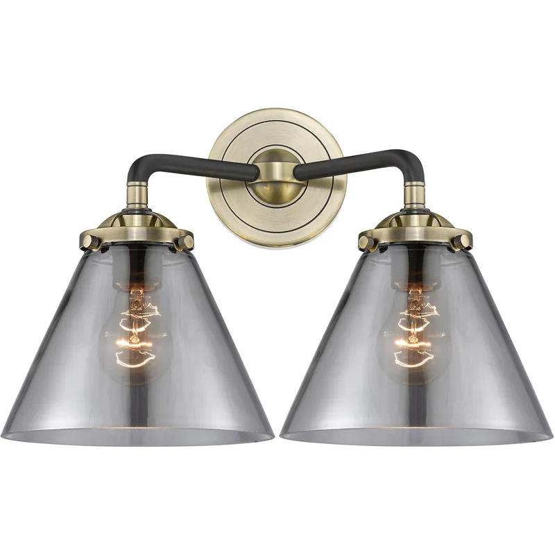 Nouveau Large Cone 2 Light 16 inch Black Antique Brass Bath Vanity Light Wall Light in Plated Smoke Glass, Nouveau