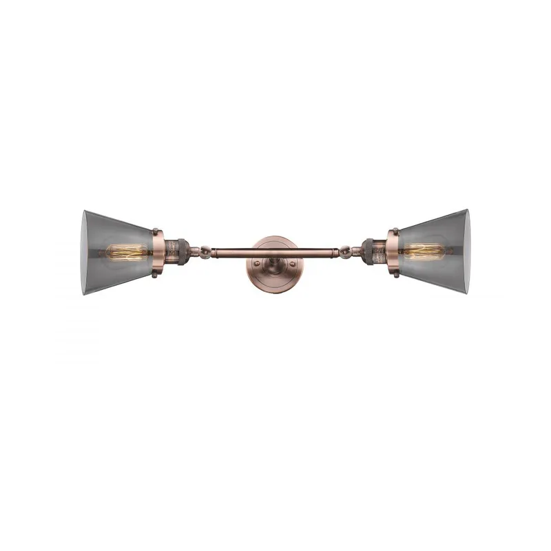 Franklin Restoration Small Cone 2 Light 6 inch Antique Copper Bath Vanity Light Wall Light in Plated Smoke Glass, Franklin Restoration