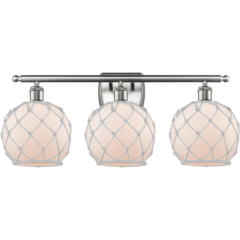 Ballston Farmhouse Rope 3 Light 28 inch Brushed Satin Nickel Bath Vanity Light Wall Light in Bulb Not Included, White Glass with White Rope, Ballston