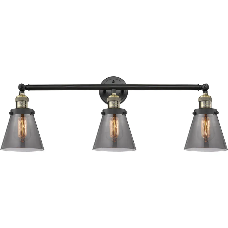 Franklin Restoration Small Cone LED 30 inch Black Antique Brass Bath Vanity Light Wall Light in Light Smoke Glass, Franklin Restoration