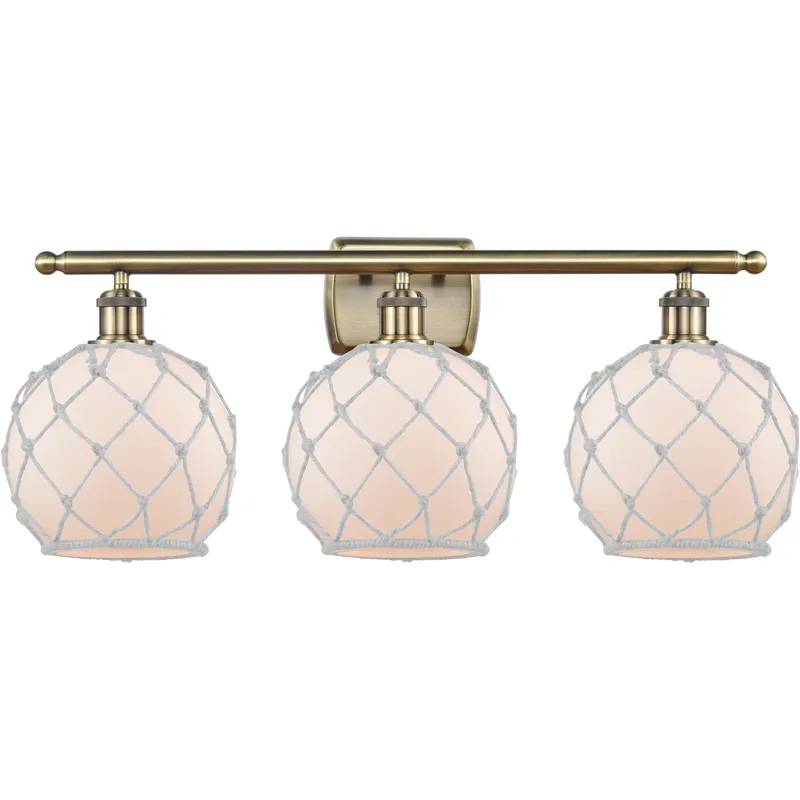 Ballston Farmhouse Rope 3 Light 28 inch Antique Brass Bath Vanity Light Wall Light in Bulb Not Included, White Glass with White Rope