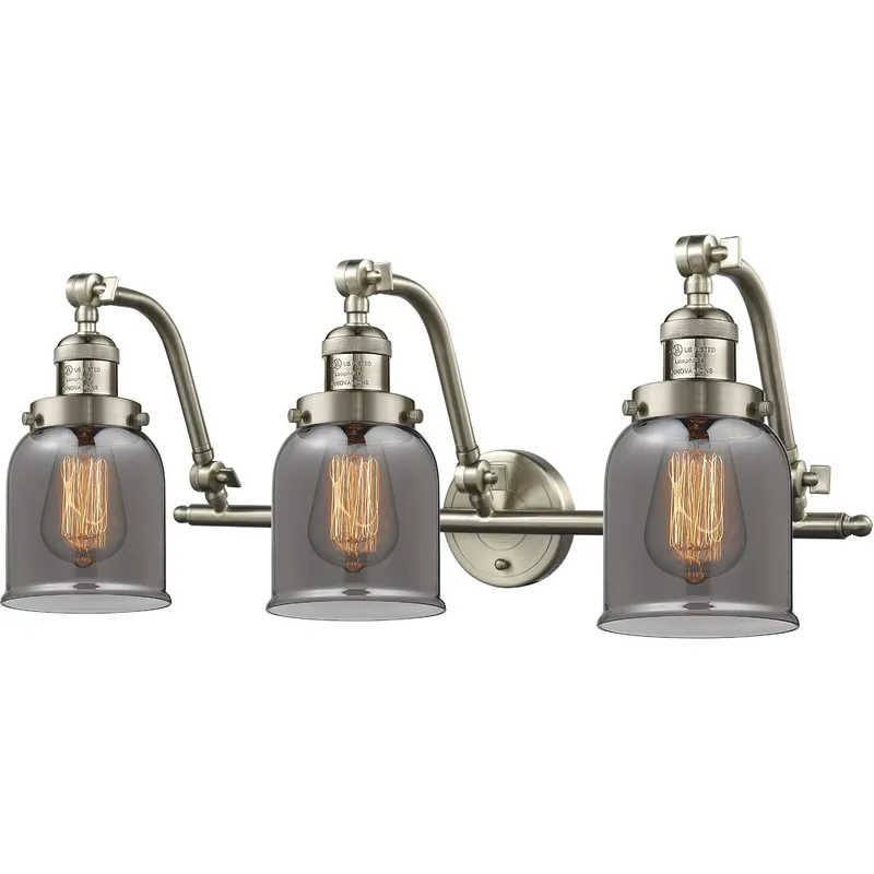 Franklin Restoration Small Bell 3 Light 28 inch Brushed Satin Nickel Bath Vanity Light Wall Light in Light Smoke Glass, Franklin Restoration