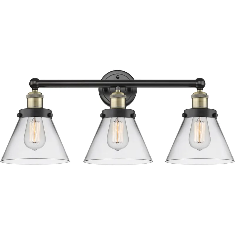 Cone 3 Light 25.75 inch Black Antique Brass Bath Vanity Light Wall Light in Clear