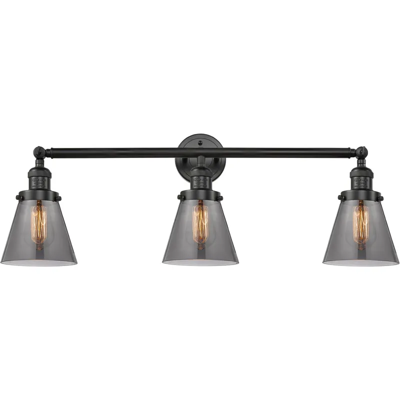 Franklin Restoration Small Cone LED 30 inch Matte Black Bath Vanity Light Wall Light in Light Smoke Glass, Franklin Restoration