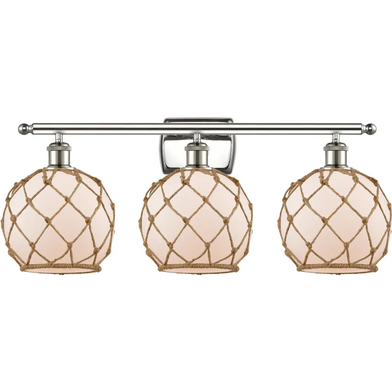 Ballston Farmhouse Rope 3 Light 28 inch Polished Nickel Bath Vanity Light Wall Light in Bulb Not Included, White Glass with Brown Rope, Ballston