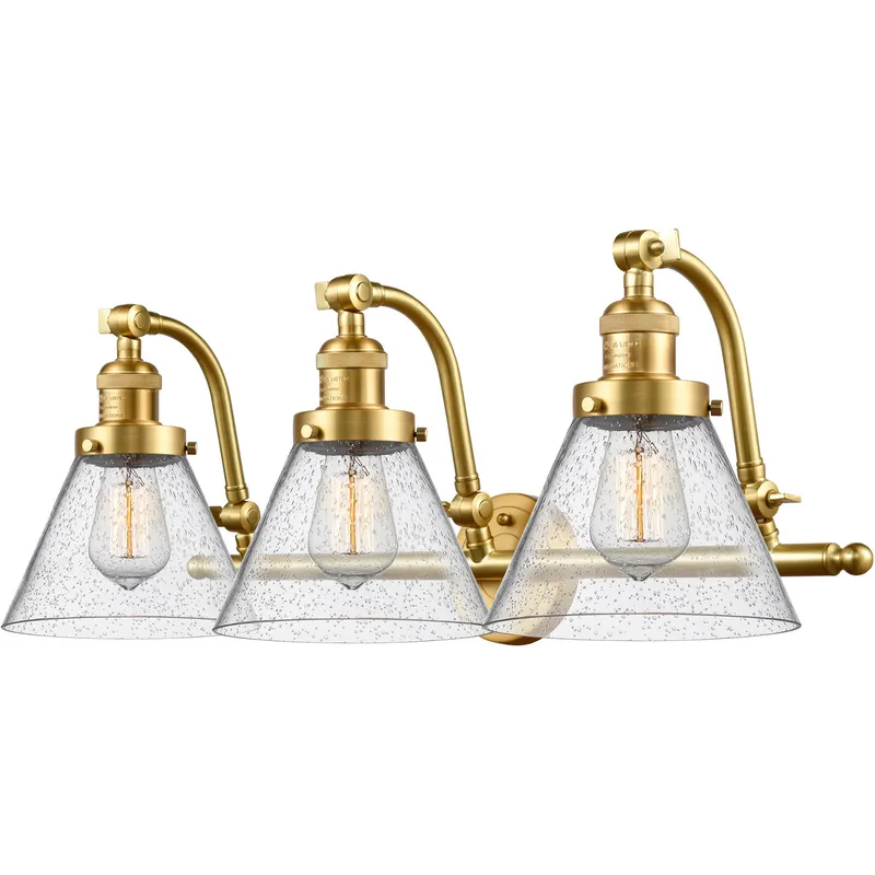 Franklin Restoration Large Cone LED 28 inch Satin Gold Bath Vanity Light Wall Light in Seedy Glass, Franklin Restoration