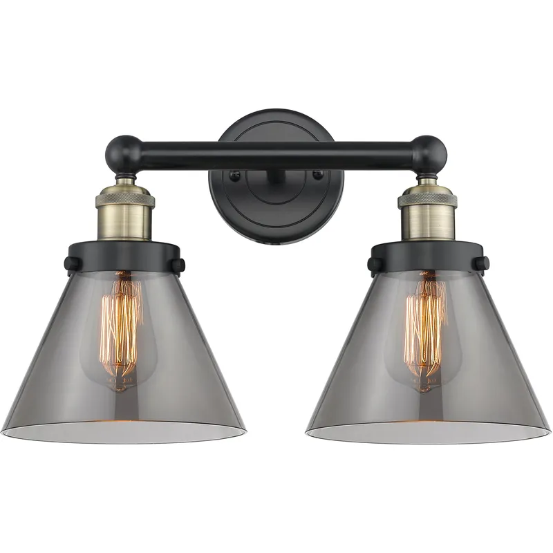 Cone 2 Light 15.5 inch Black Antique Brass Bath Vanity Light Wall Light in Light Smoke Glass