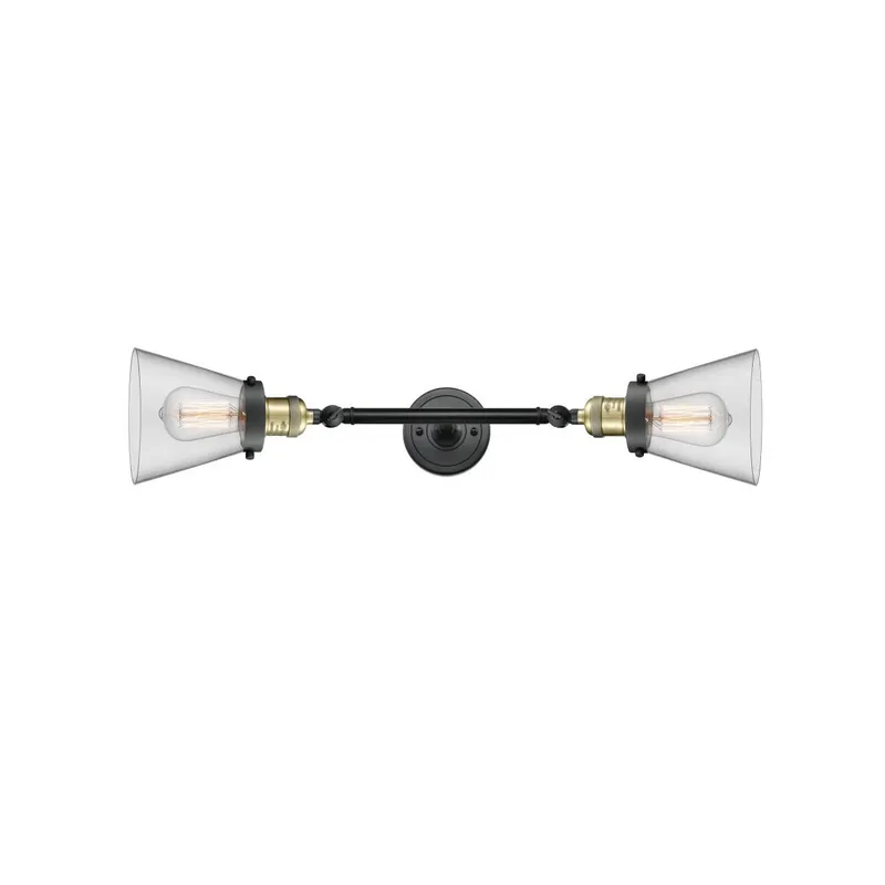 Franklin Restoration Small Cone 2 Light 6 inch Black Antique Brass Bath Vanity Light Wall Light in Clear Glass, Franklin Restoration