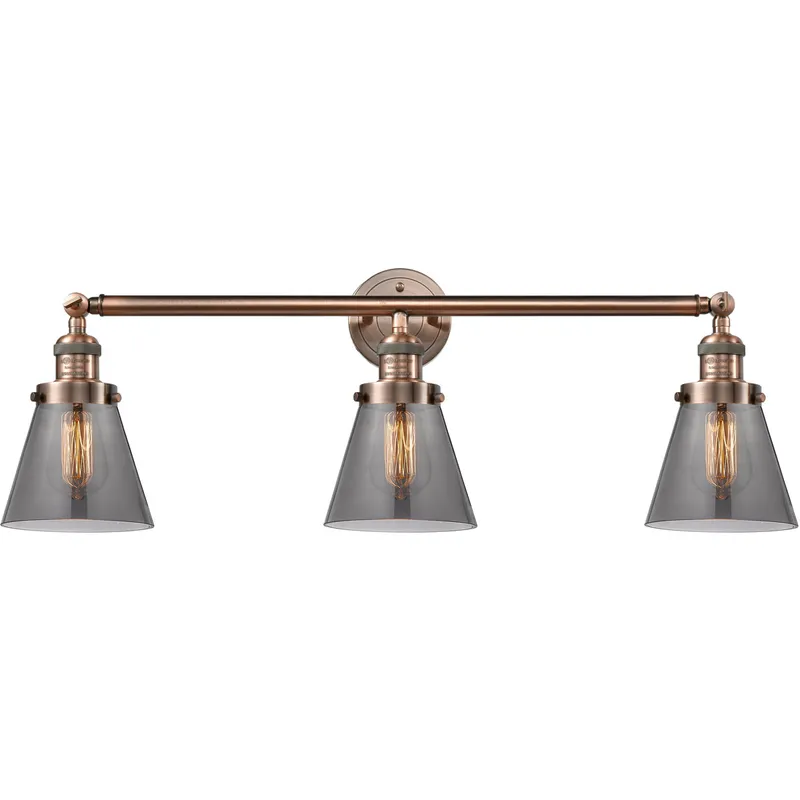Franklin Restoration Small Cone LED 30 inch Antique Copper Bath Vanity Light Wall Light in Light Smoke Glass, Franklin Restoration