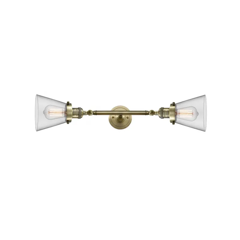 Franklin Restoration Small Cone 2 Light 6 inch Antique Brass Bath Vanity Light Wall Light in Incandescent, Clear Glass, Franklin Restoration