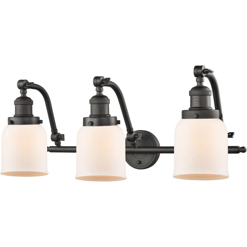 Franklin Restoration Small Bell 3 Light 28 inch Oil Rubbed Bronze Bath Vanity Light Wall Light in Matte White Glass, Franklin Restoration