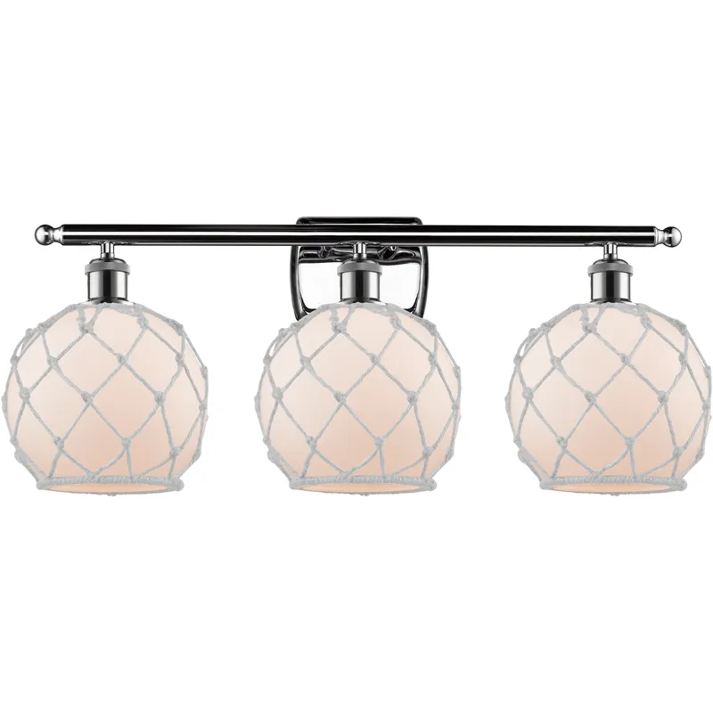 Ballston Farmhouse Rope 3 Light 28 inch Polished Chrome Bath Vanity Light Wall Light in Bulb Not Included, White Glass with White Rope, Ballston