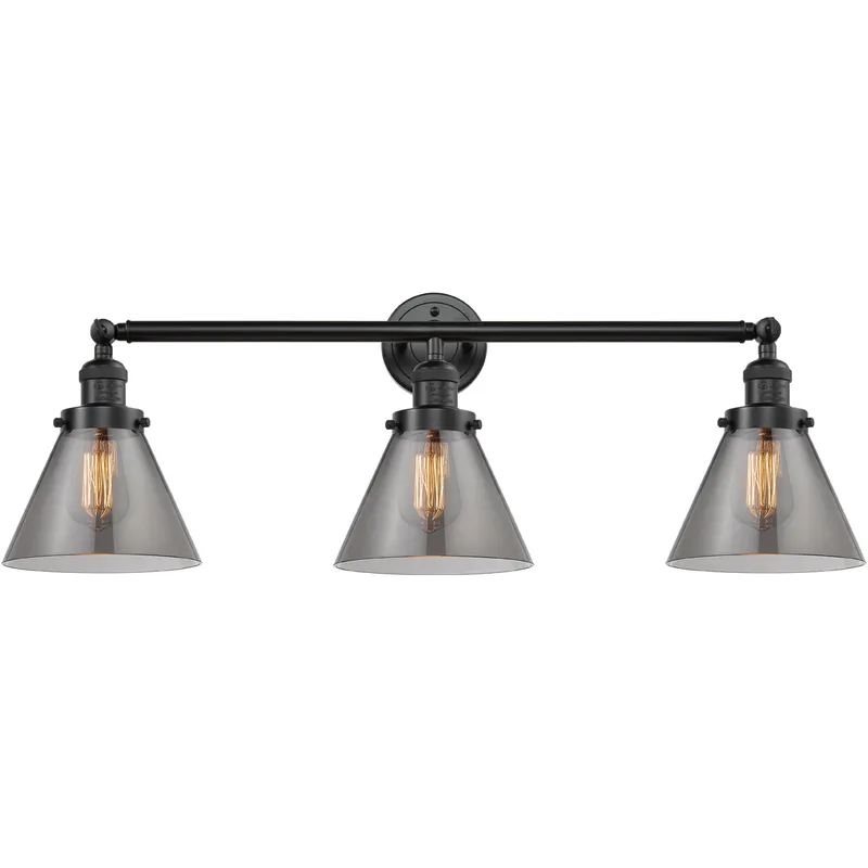 Franklin Restoration Large Cone 3 Light 32 inch Oil Rubbed Bronze Bath Vanity Light Wall Light in Light Smoke Glass, Franklin Restoration