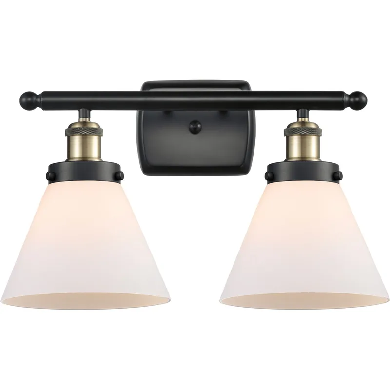 Ballston Large Cone 2 Light 16 inch Black Antique Brass Bath Vanity Light Wall Light in Matte White Glass