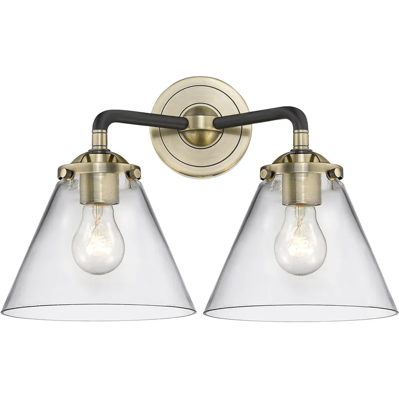 Nouveau Large Cone 2 Light 16 inch Black Antique Brass Bath Vanity Light Wall Light in Clear Glass, Nouveau