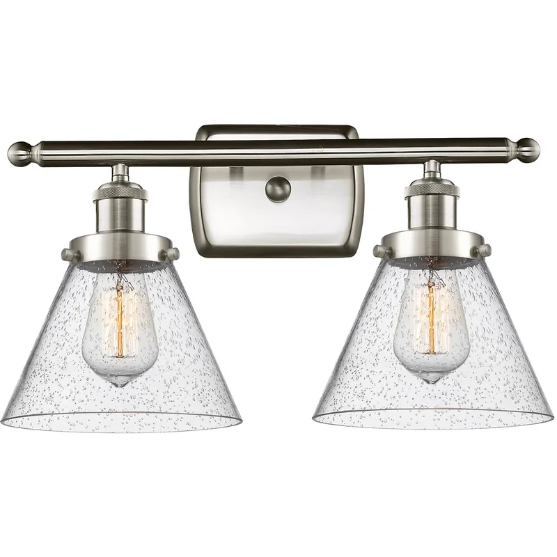 Ballston Large Cone 2 Light 16 inch Brushed Satin Nickel Bath Vanity Light Wall Light in Seedy Glass, Ballston