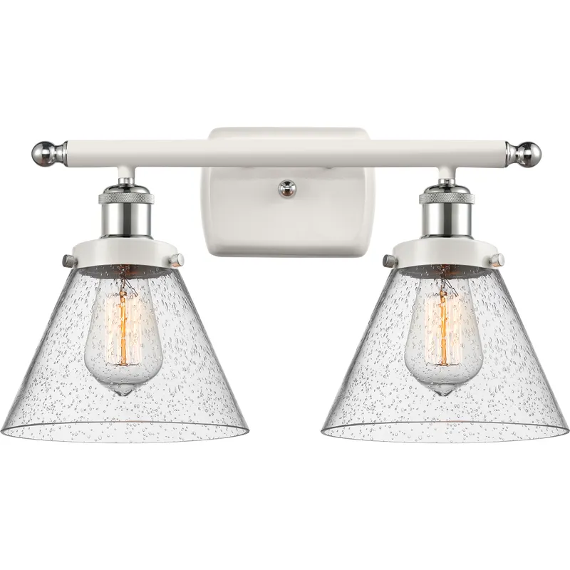 Ballston Large Cone 2 Light 16 inch White and Polished Chrome Bath Vanity Light Wall Light in Seedy Glass