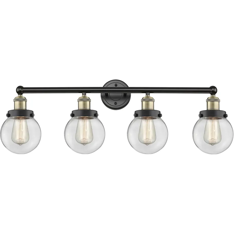 Beacon 4 Light 33.5 inch Black Antique Brass Bath Vanity Light Wall Light in Clear Glass, Small