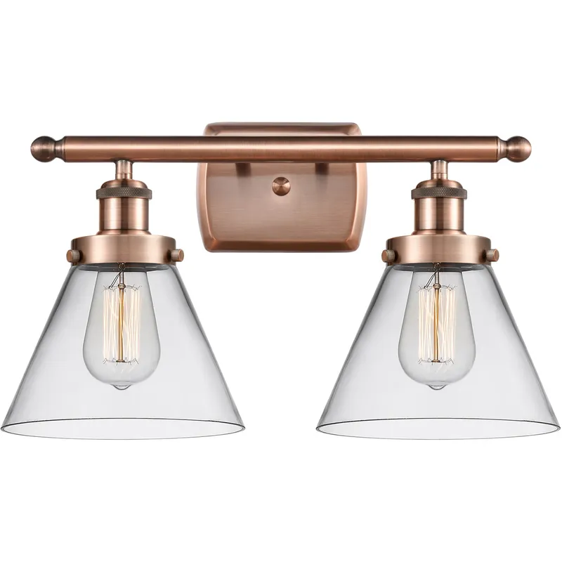 Ballston Large Cone 2 Light 16 inch Antique Copper Bath Vanity Light Wall Light in Clear Glass