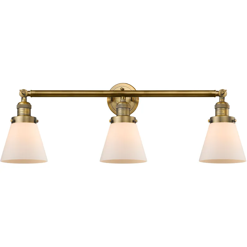 Franklin Restoration Small Cone LED 30 inch Brushed Brass Bath Vanity Light Wall Light in Matte White Glass, Franklin Restoration