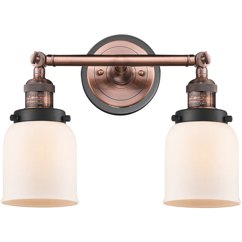 Franklin Restoration Small Bell 2 Light 16 inch Antique Copper Bath Vanity Light Wall Light in Matte White Glass