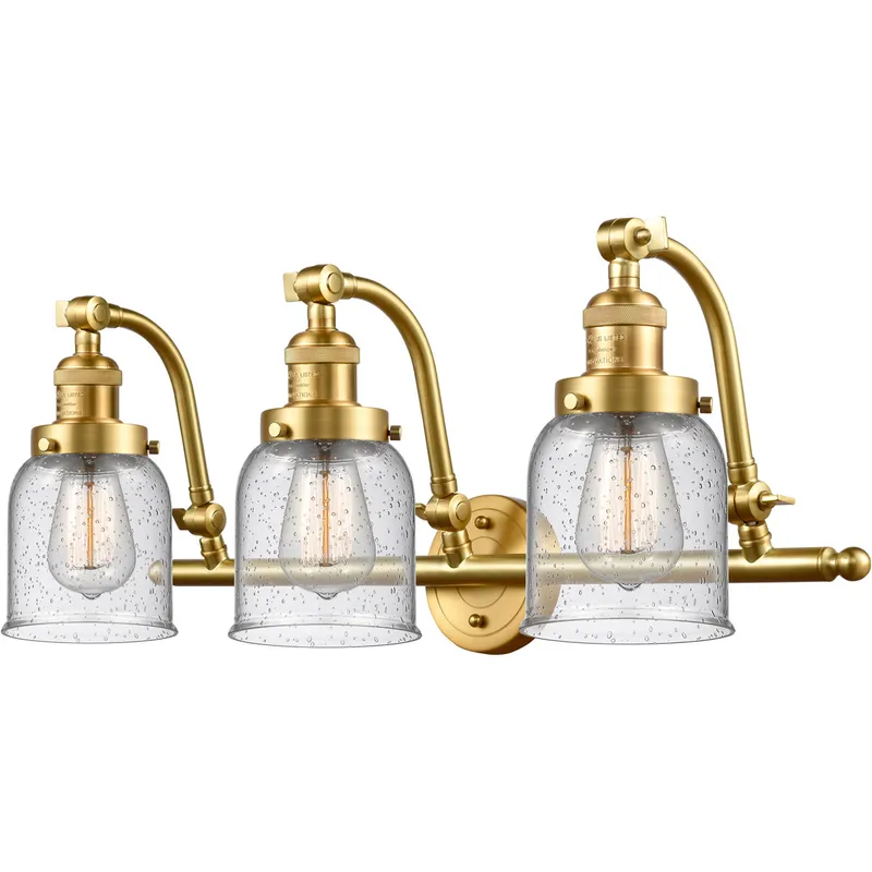 Franklin Restoration Small Bell 3 Light 28 inch Satin Gold Bath Vanity Light Wall Light in Seedy Glass, Franklin Restoration