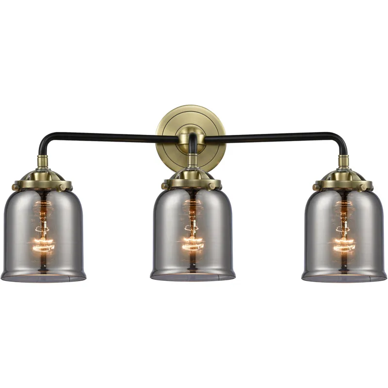 Nouveau Small Bell 3 Light 23 inch Black Antique Brass Bath Vanity Light Wall Light in Light Smoke Glass, Nouveau