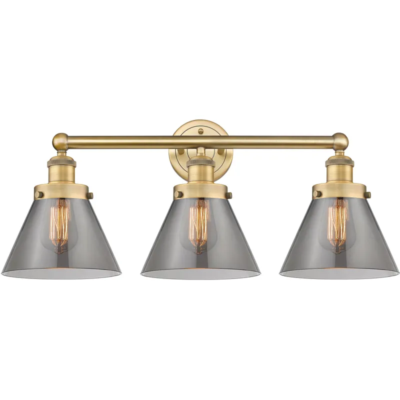 Cone 3 Light 24.5 inch Brushed Brass Bath Vanity Light Wall Light in Light Smoke Glass