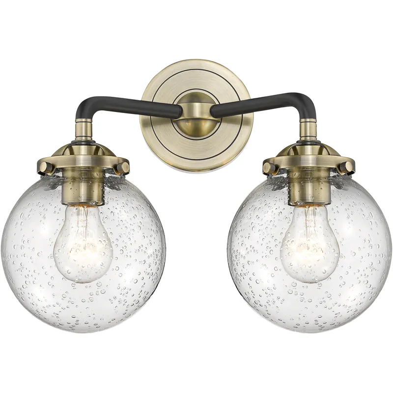 Nouveau Beacon 2 Light 14 inch Black Antique Brass Bath Vanity Light Wall Light in Seedy Glass, Nouveau