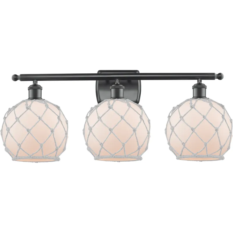 Ballston Farmhouse Rope 3 Light 28 inch Matte Black Bath Vanity Light Wall Light in Bulb Not Included, White Glass with White Rope, Ballston