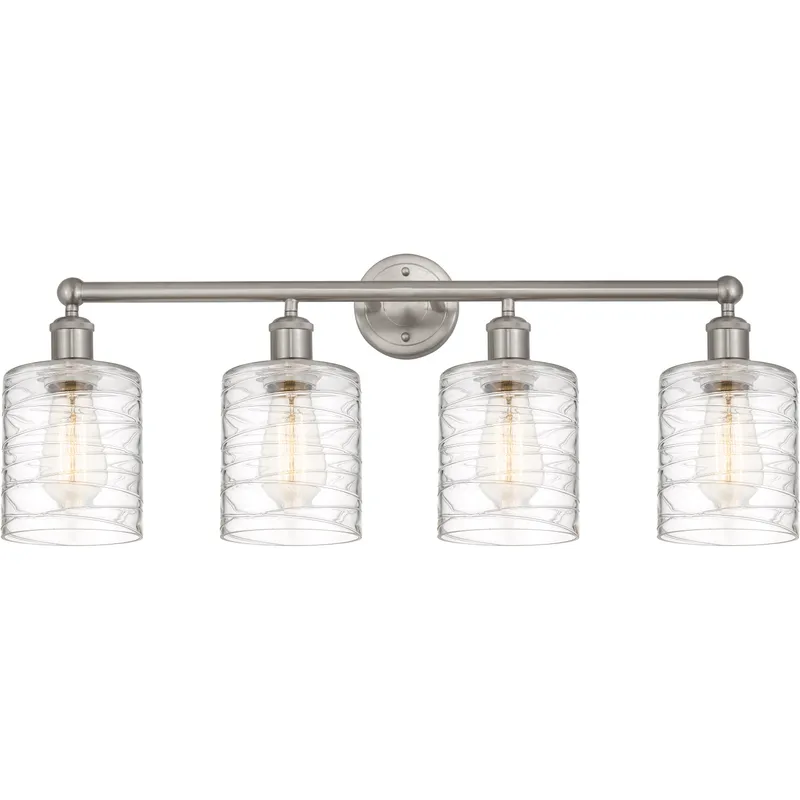 Edison Cobbleskill 4 Light 32 inch Brushed Satin Nickel Bath Vanity Light Wall Light in Deco Swirl Glass