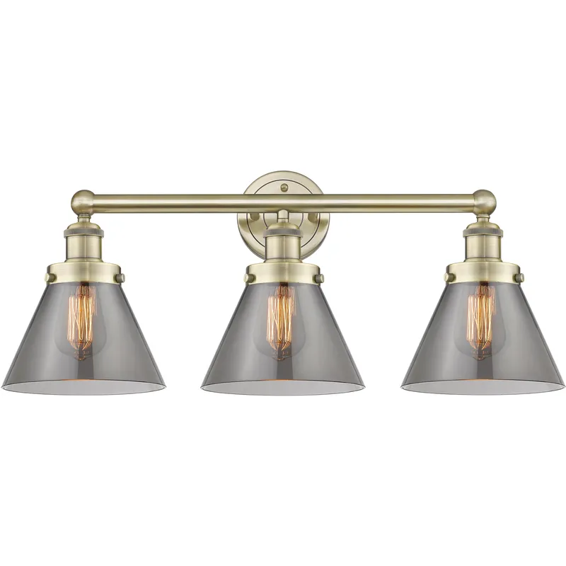 Cone 3 Light 24.5 inch Antique Brass Bath Vanity Light Wall Light in Light Smoke Glass