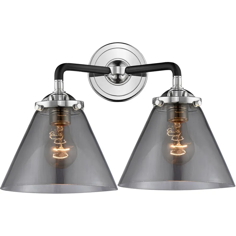 Nouveau Large Cone 2 Light 16 inch Black Polished Nickel Bath Vanity Light Wall Light in Plated Smoke Glass, Nouveau
