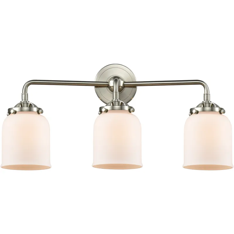 Nouveau Small Bell 3 Light 23 inch Brushed Satin Nickel Bath Vanity Light Wall Light in Matte White Glass, Nouveau